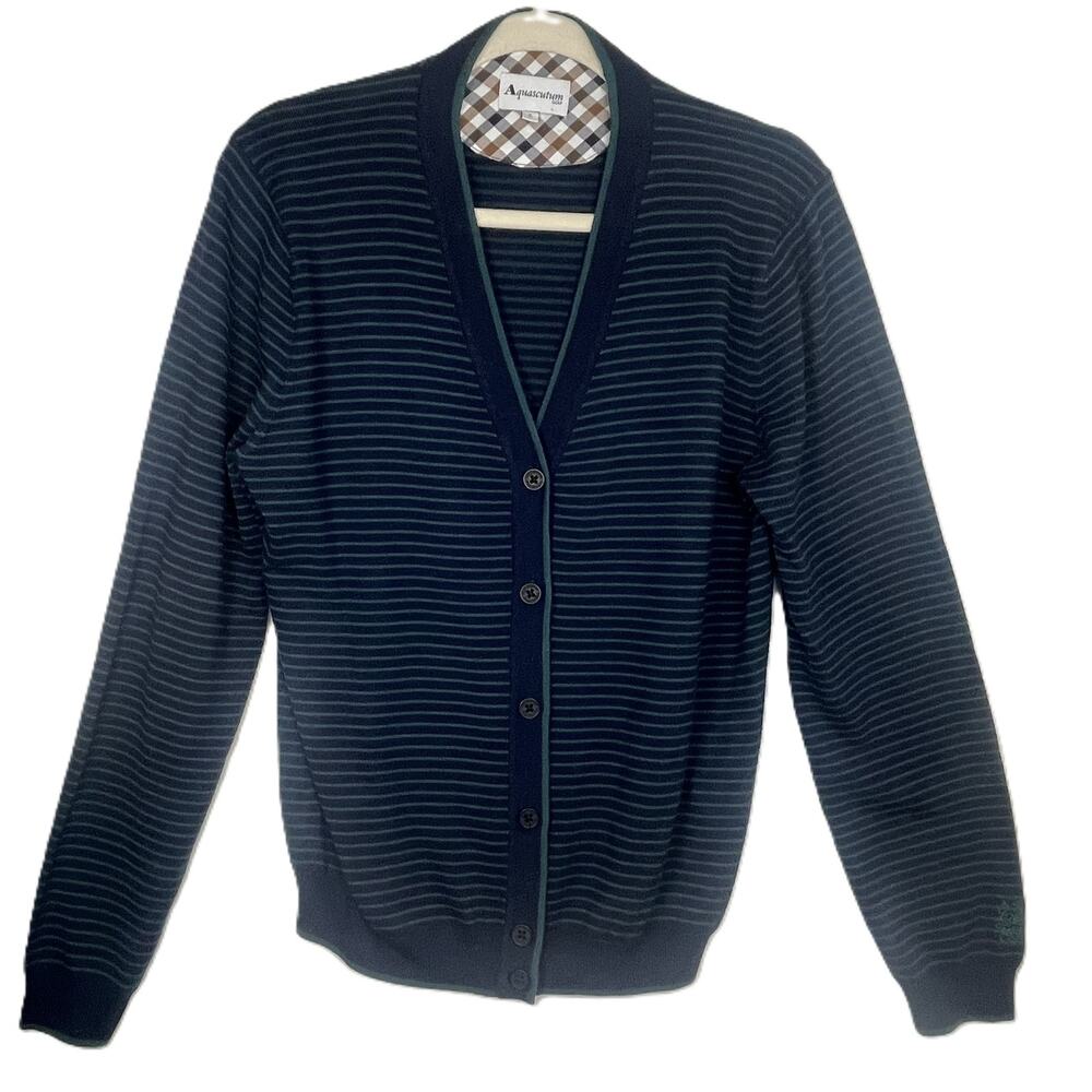 Aquascutum Golf Women's XL Navy Green Stripe Wool Cardigan Preppy Collegiate‎